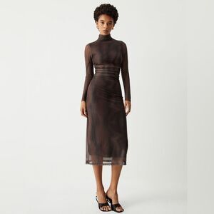 Commense Illusion Tulle‎ Print Mock Neck Mesh Midi Dress size S